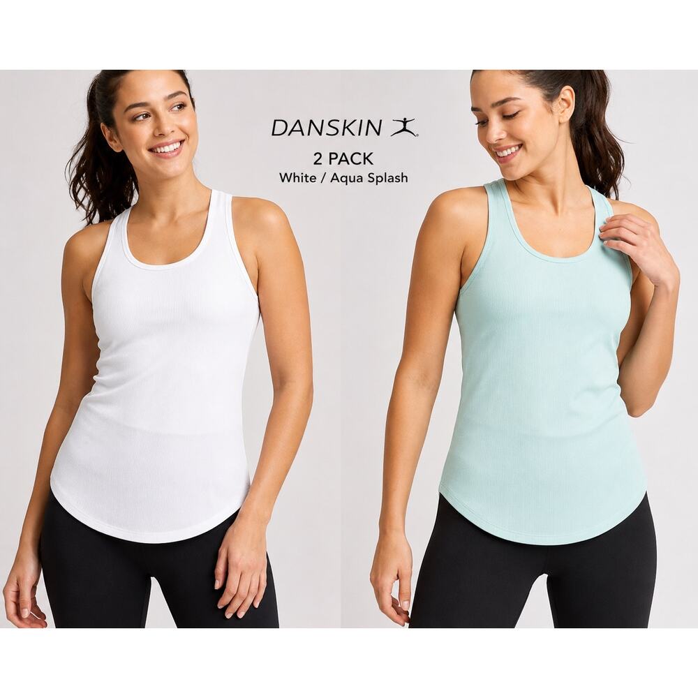 Danskin Airbrush Tank Top 2-Pack Women’s Large NWT White Aqua